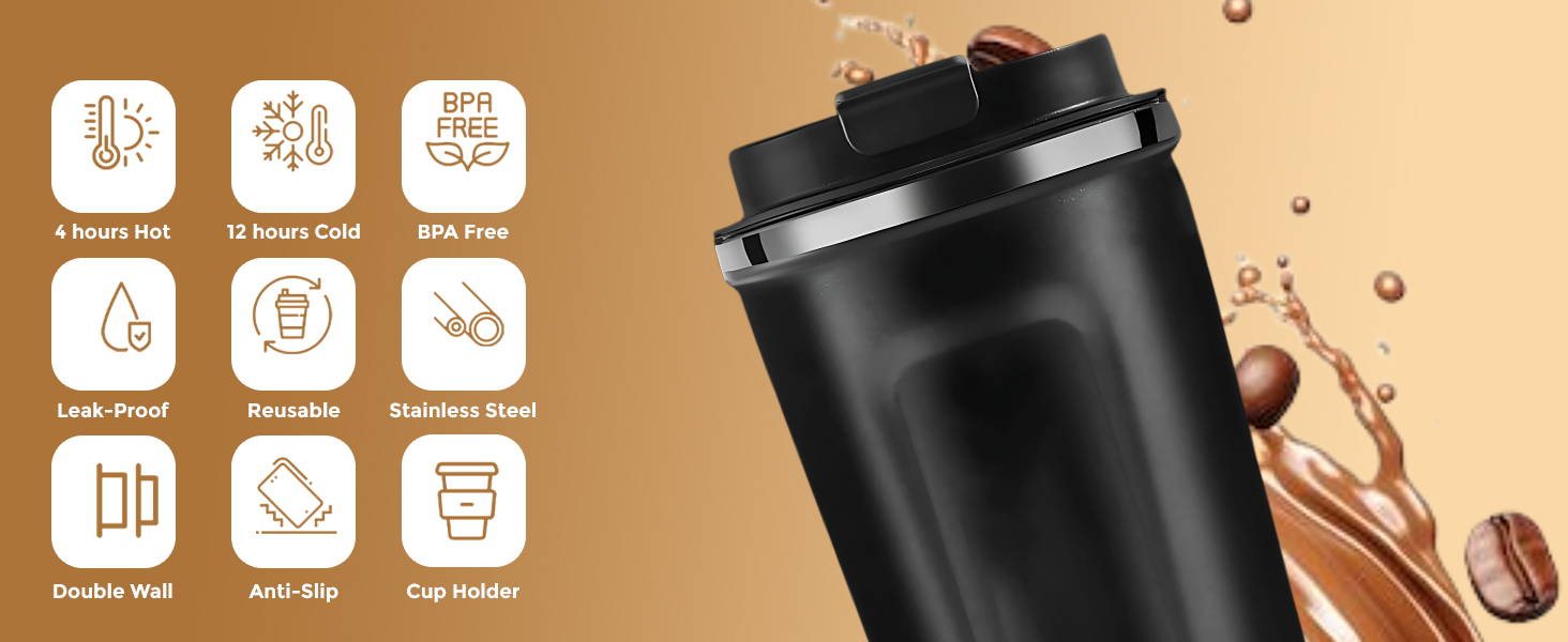 Insulated Coffee Travel Mug 380ml - Stainless Steel Vacuum Tumbler with Spill Proof Lid, Double Wall, Hot & Cold - Key Features