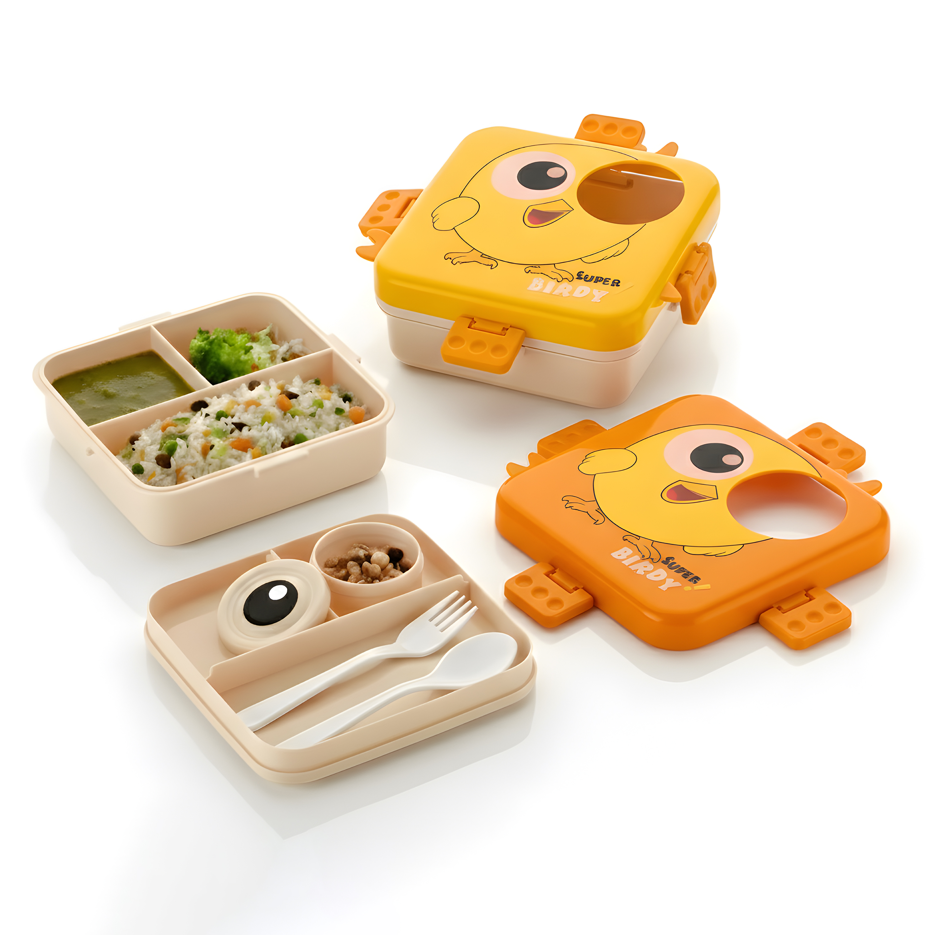 Super Birdy Lunch Box for Kids - Bento Box with 3 Compartments, Leak Proof Tiffin Box for School, BPA Free with Tray, Spoon & Fork | 1120ml + 70ml (Bird, Yellow)