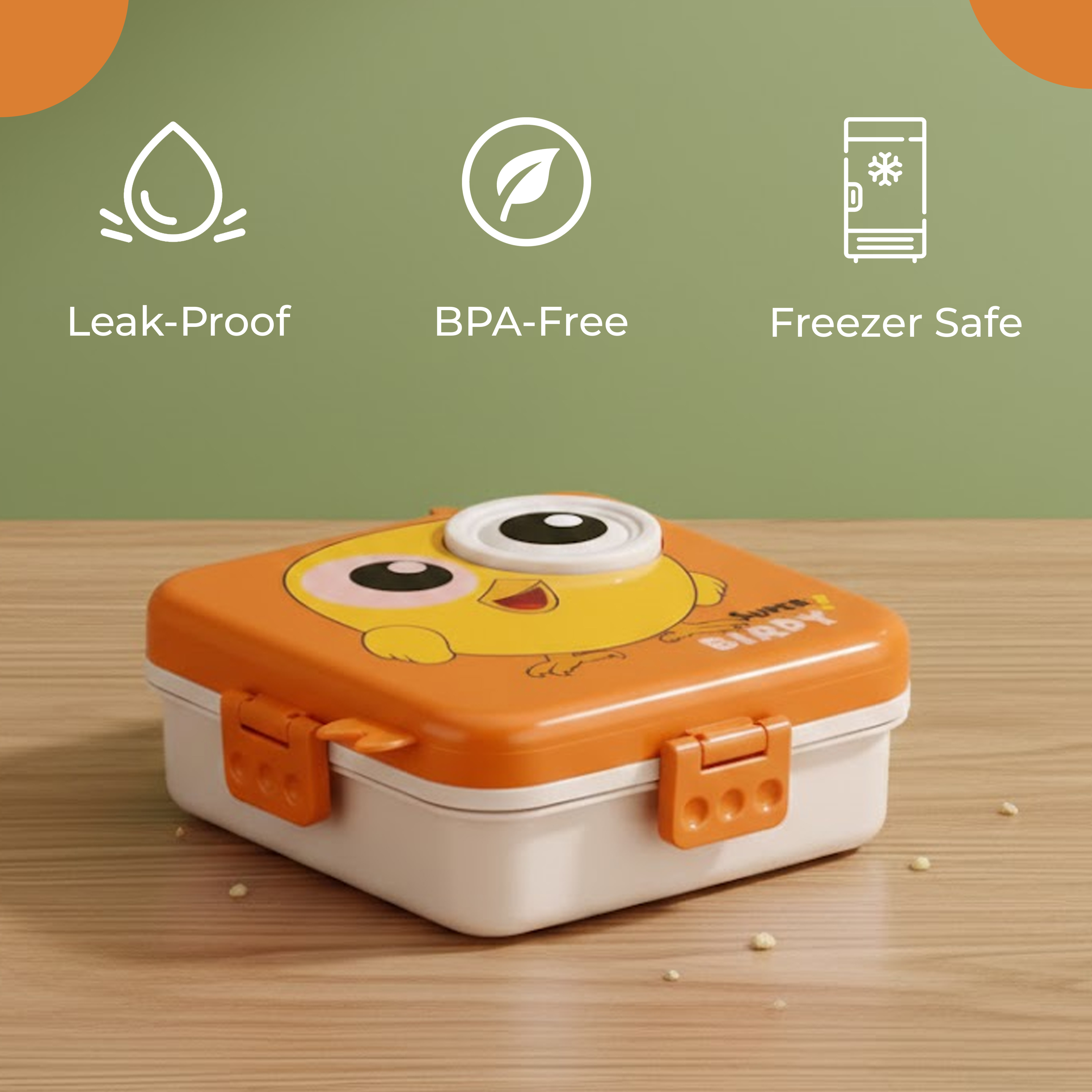 Super Birdy Lunch Box for Kids - Bento Box with 3 Compartments, Leak Proof Tiffin Box for School, BPA Free with Tray, Spoon & Fork | 1120ml + 70ml (Bird, Yellow)