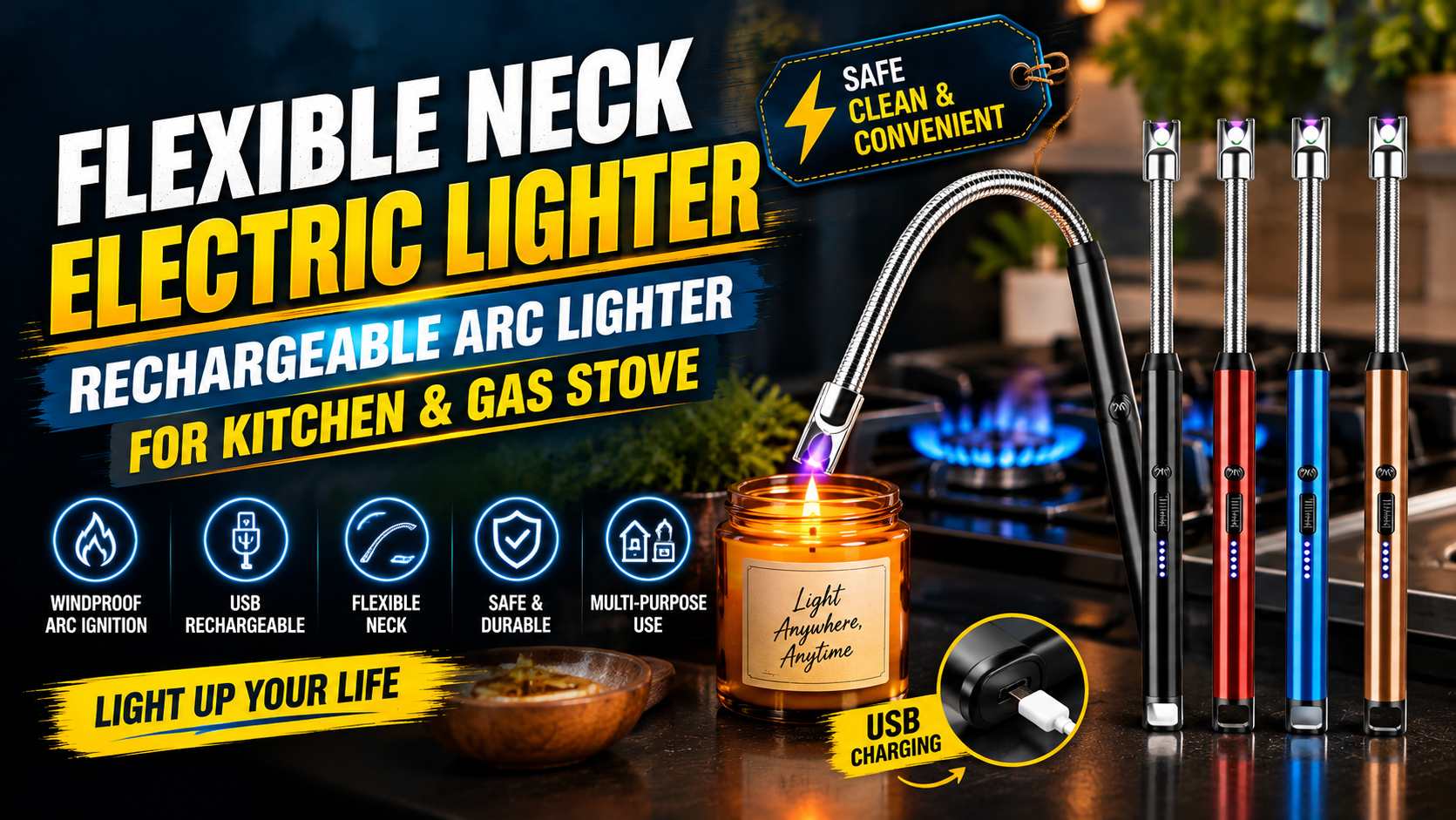 Flexible Neck Electric Lighter – Rechargeable Arc Lighter for Kitchen & Gas Stove