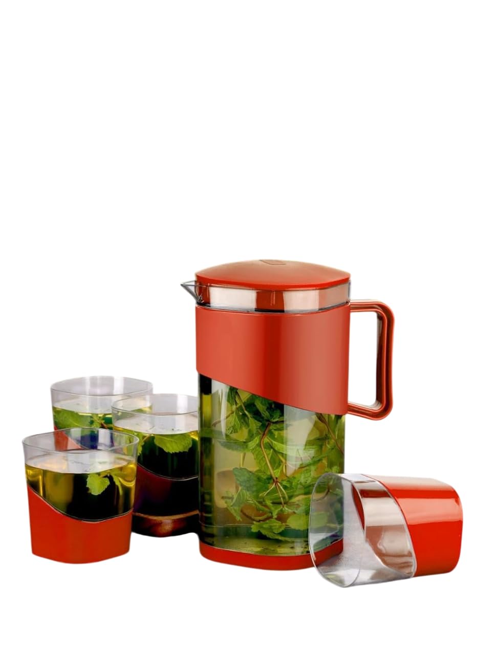 Square Water Jug with Lid & 4 Glass Set - BPA-Free Plastic, 1800ml Jug & 300ml Glass, Red