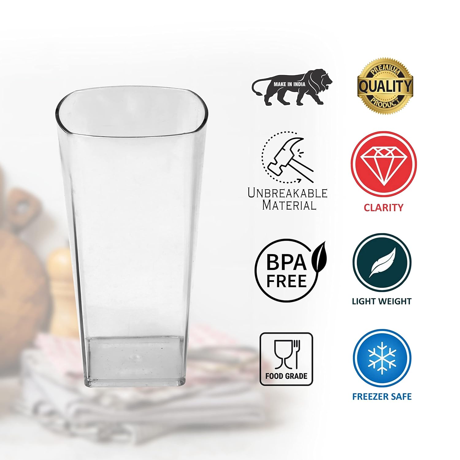 Stylish Square Glass Set of 6, 300ml - Unbreakable Transparent Plastic, Water/Juice/Beer Glass