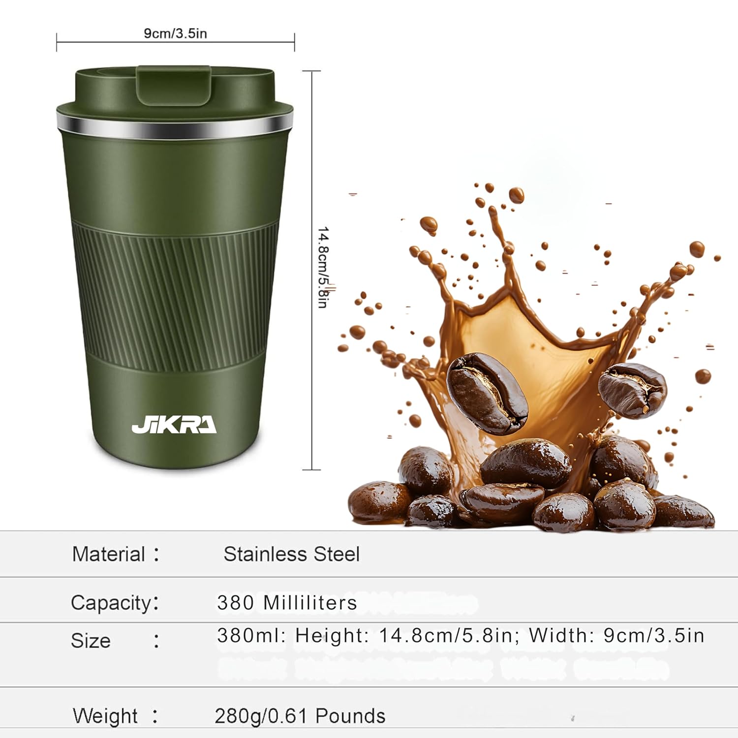 JIKRA Insulated Coffee Travel Mug & Tumbler 380ml - Green | Stainless Steel, Leak-Proof - Image 3