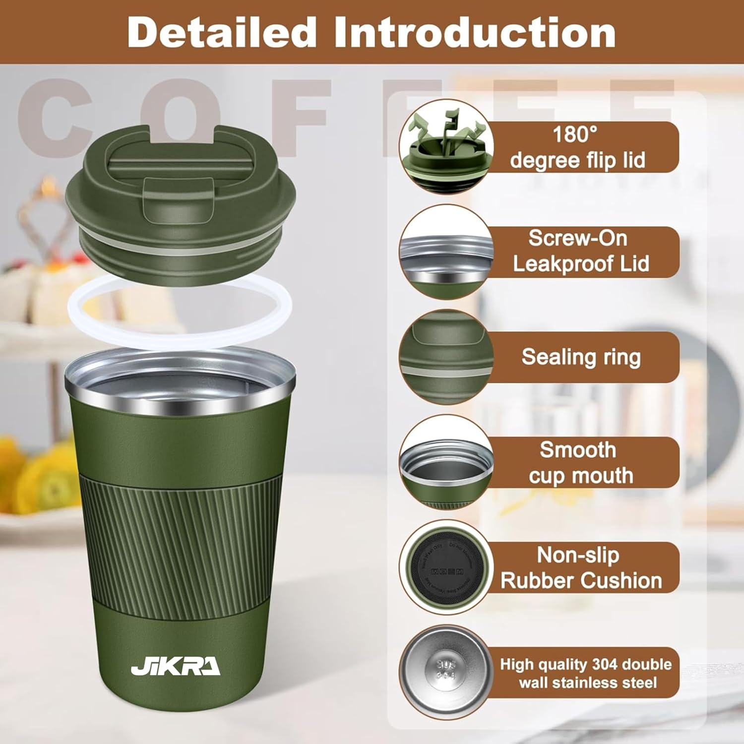 JIKRA Insulated Coffee Travel Mug & Tumbler 380ml - Green | Stainless Steel, Leak-Proof - Image 4