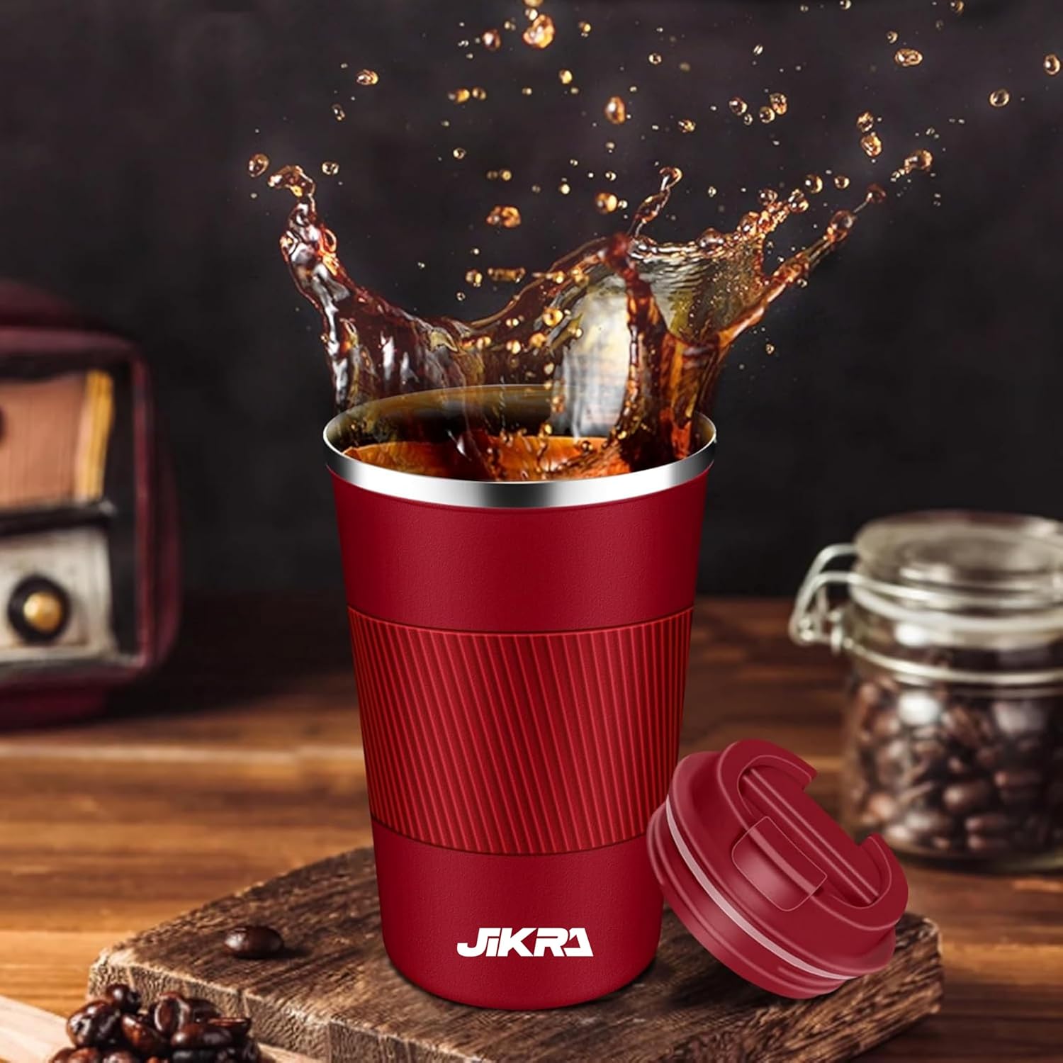 JIKRA Insulated Coffee Travel Mug & Tumbler 380ml - Red | Stainless Steel, Spill-Proof - Image 2