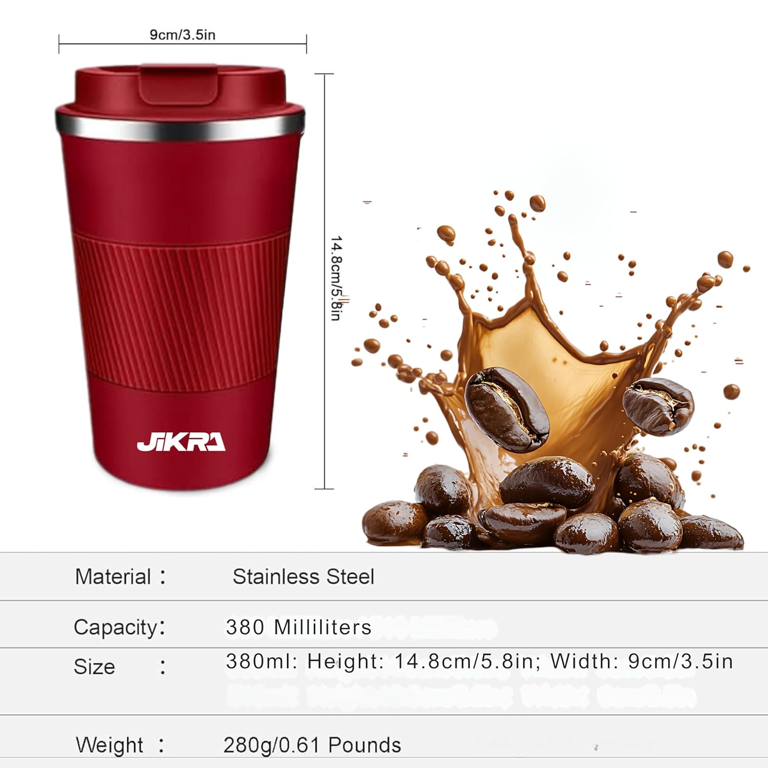 JIKRA Insulated Coffee Travel Mug & Tumbler 380ml - Red | Stainless Steel, Spill-Proof - Image 3