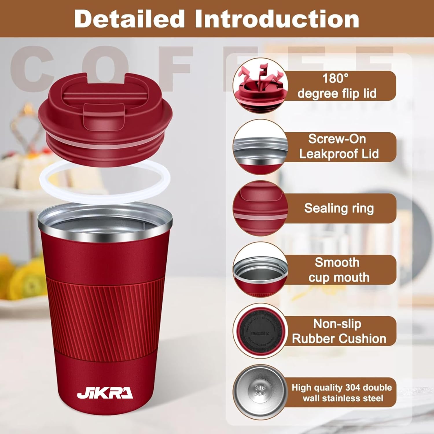JIKRA Insulated Coffee Travel Mug & Tumbler 380ml - Red | Stainless Steel, Spill-Proof - Image 5