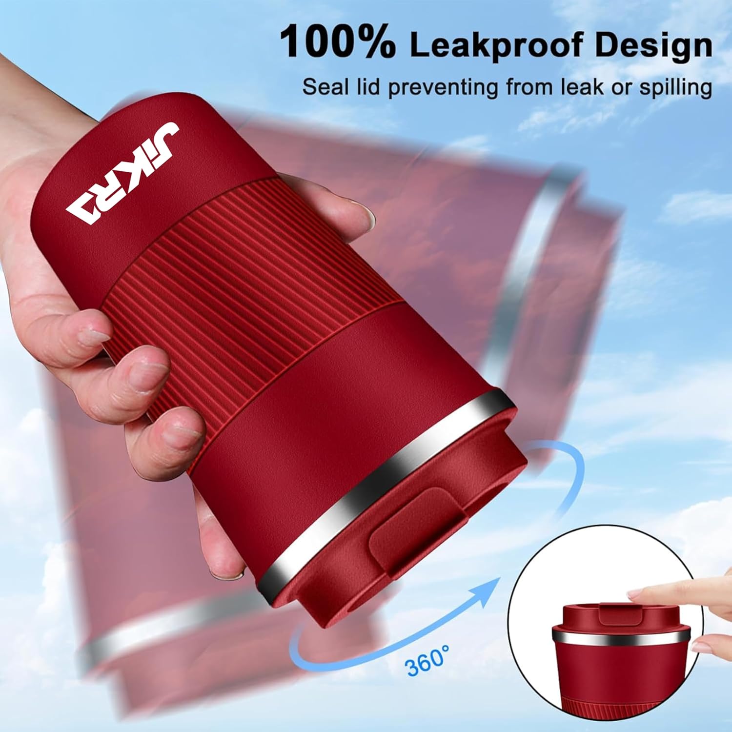 JIKRA Insulated Coffee Travel Mug & Tumbler 380ml - Red | Stainless Steel, Spill-Proof - Image 6