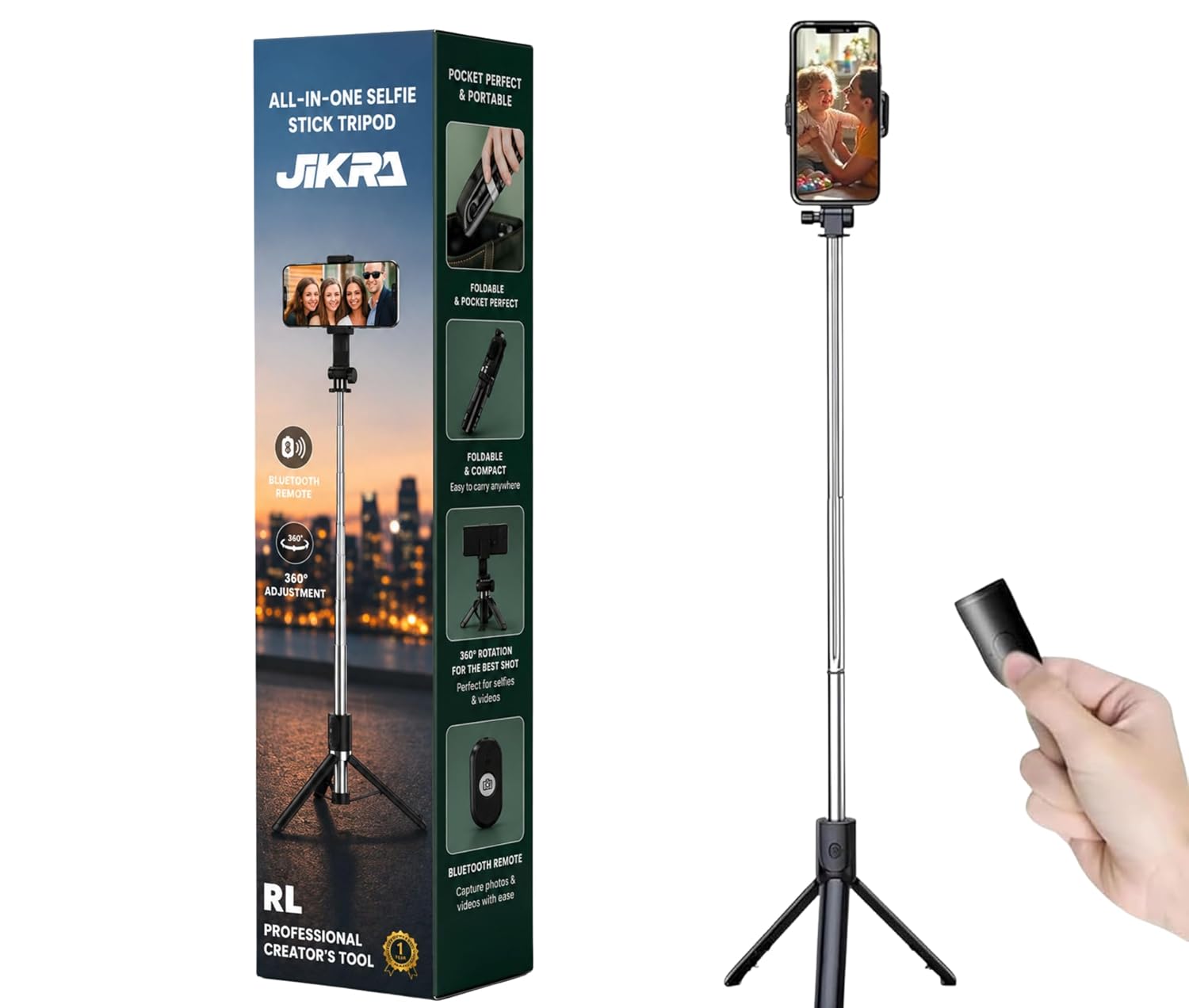 JIKRA Selfie Stick Tripod 67 Inch Long with Bluetooth Remote & Stable Base - 3-in-1 Multifunctional Design for Selfies, Vlogging, Photo Shoots and Makeup for Phones | Foldable Design, Metal Build, Smartphone Compatible, 1 Year Warranty