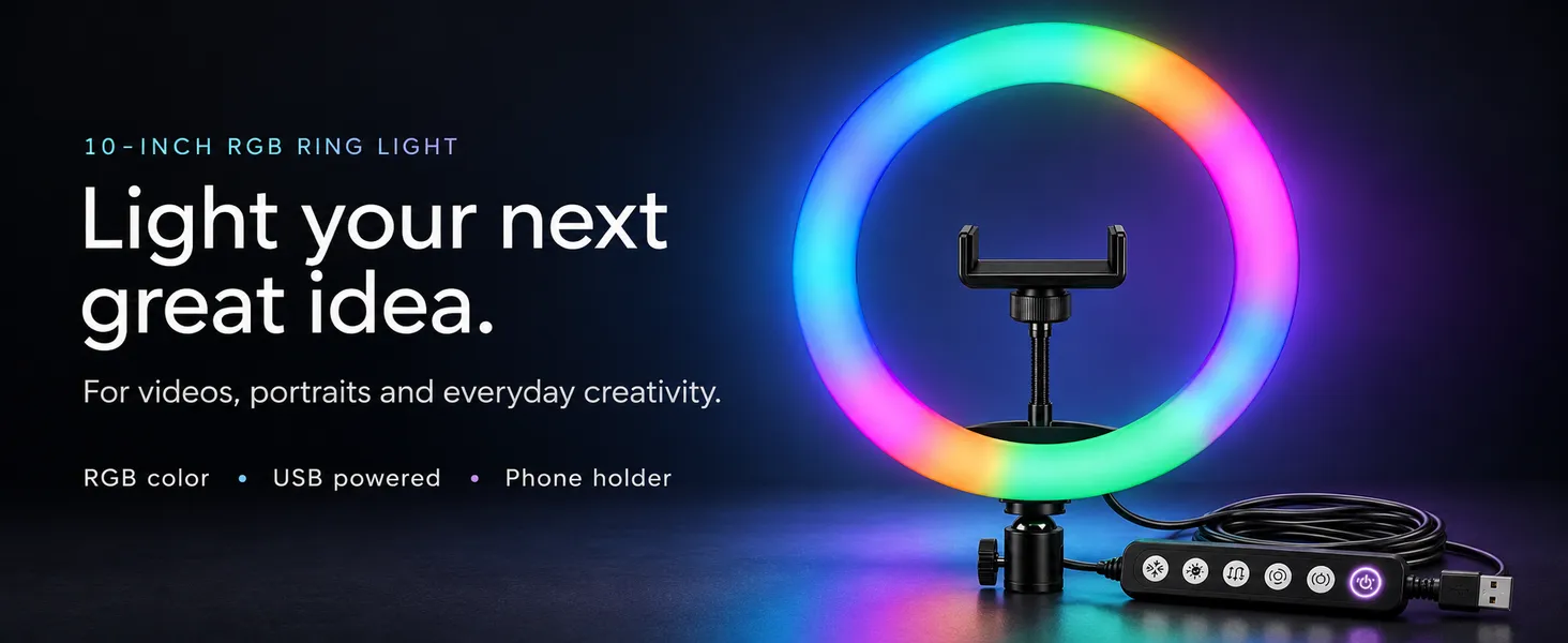 10 inch RGB ring light with phone holder and USB inline controller