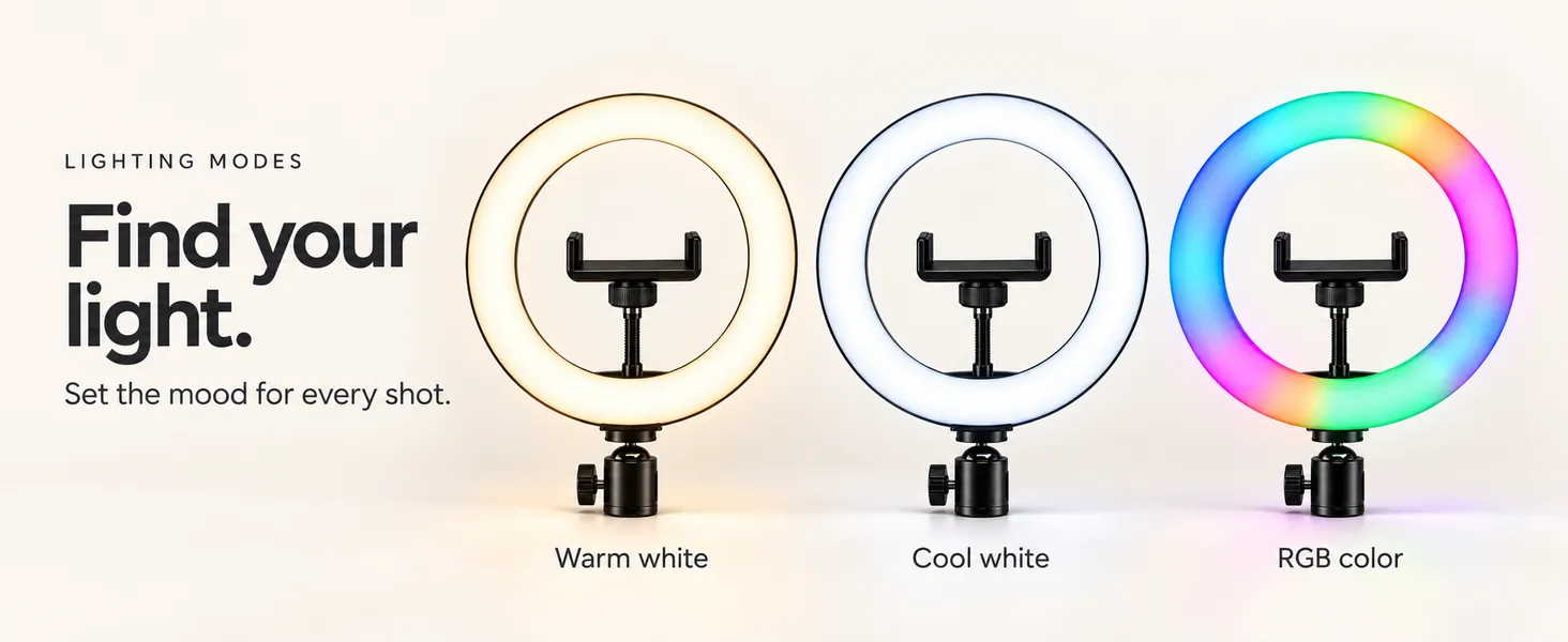Ring light lighting modes: warm white, cool white and RGB colour