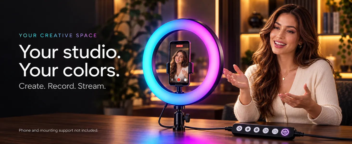 Creator recording in a home studio with an RGB selfie ring light