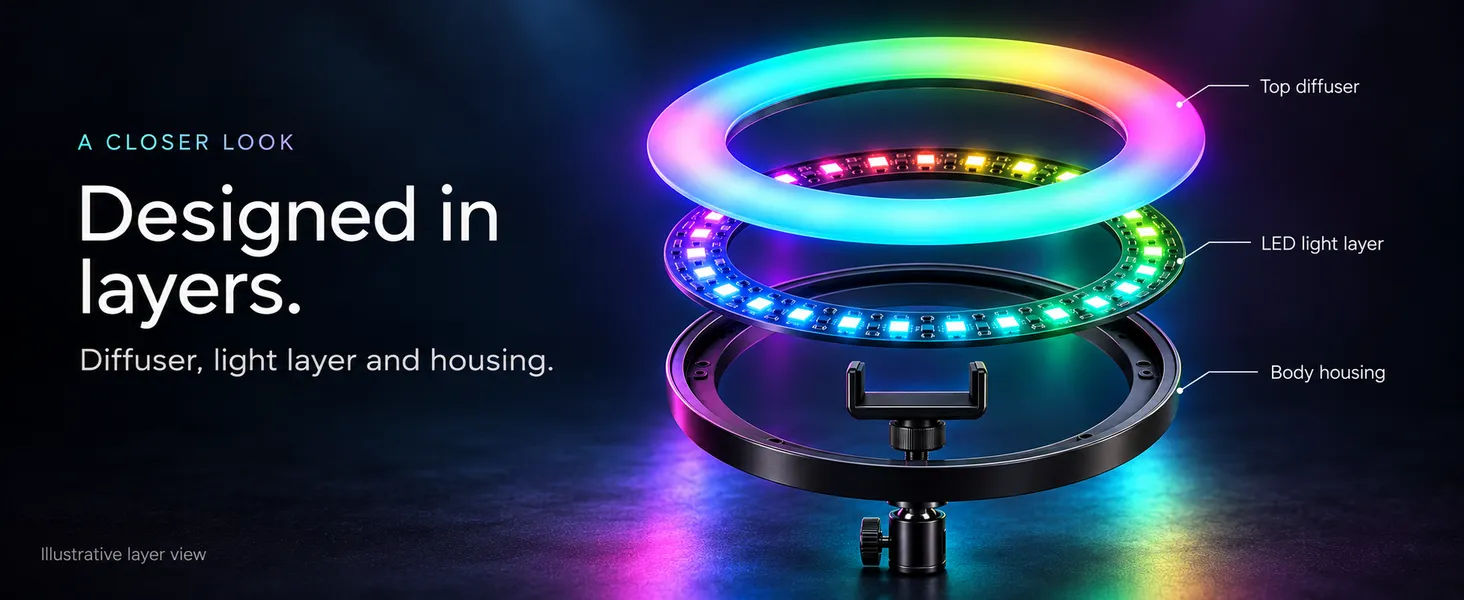 Layered design of the RGB LED ring light: diffuser, LED light layer and housing