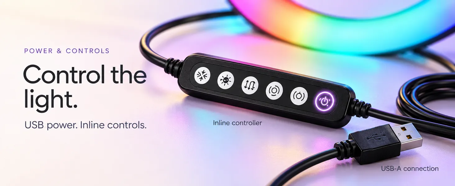 Ring light six-button inline controller and USB-A connection
