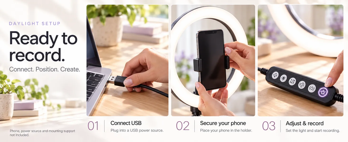 Ring light setup: connect USB, secure your phone, adjust and record
