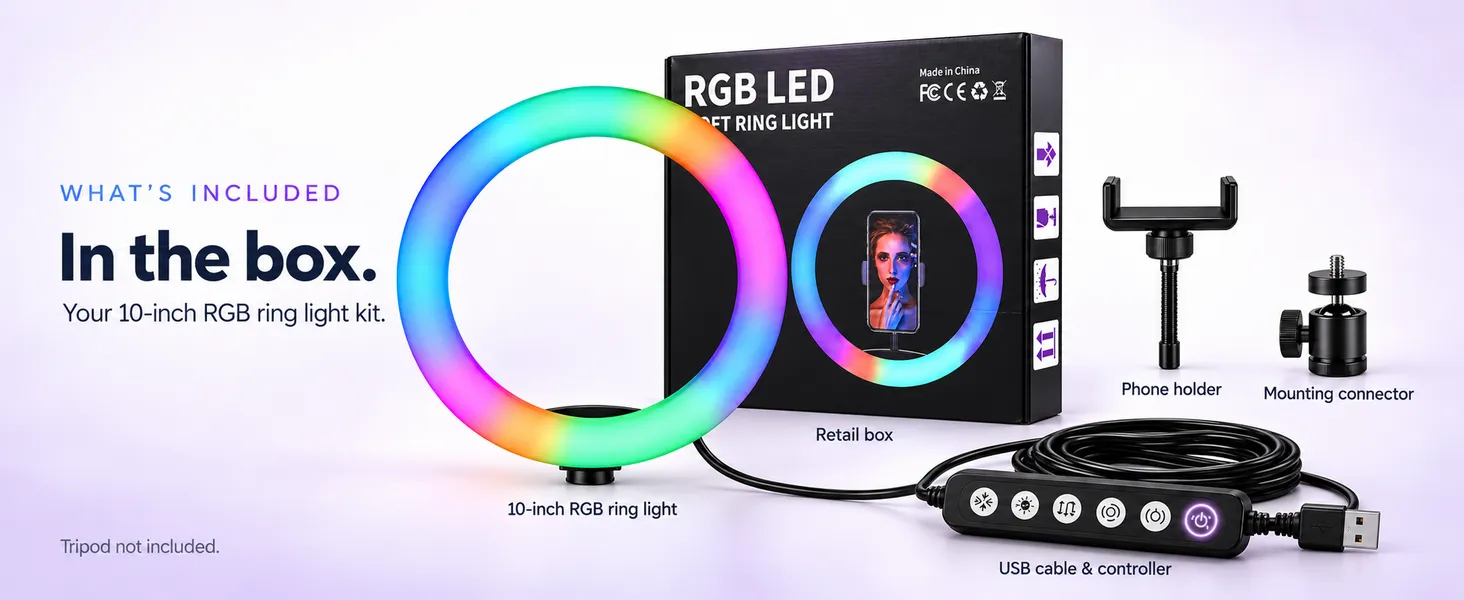 10 inch RGB ring light box contents, tripod not included
