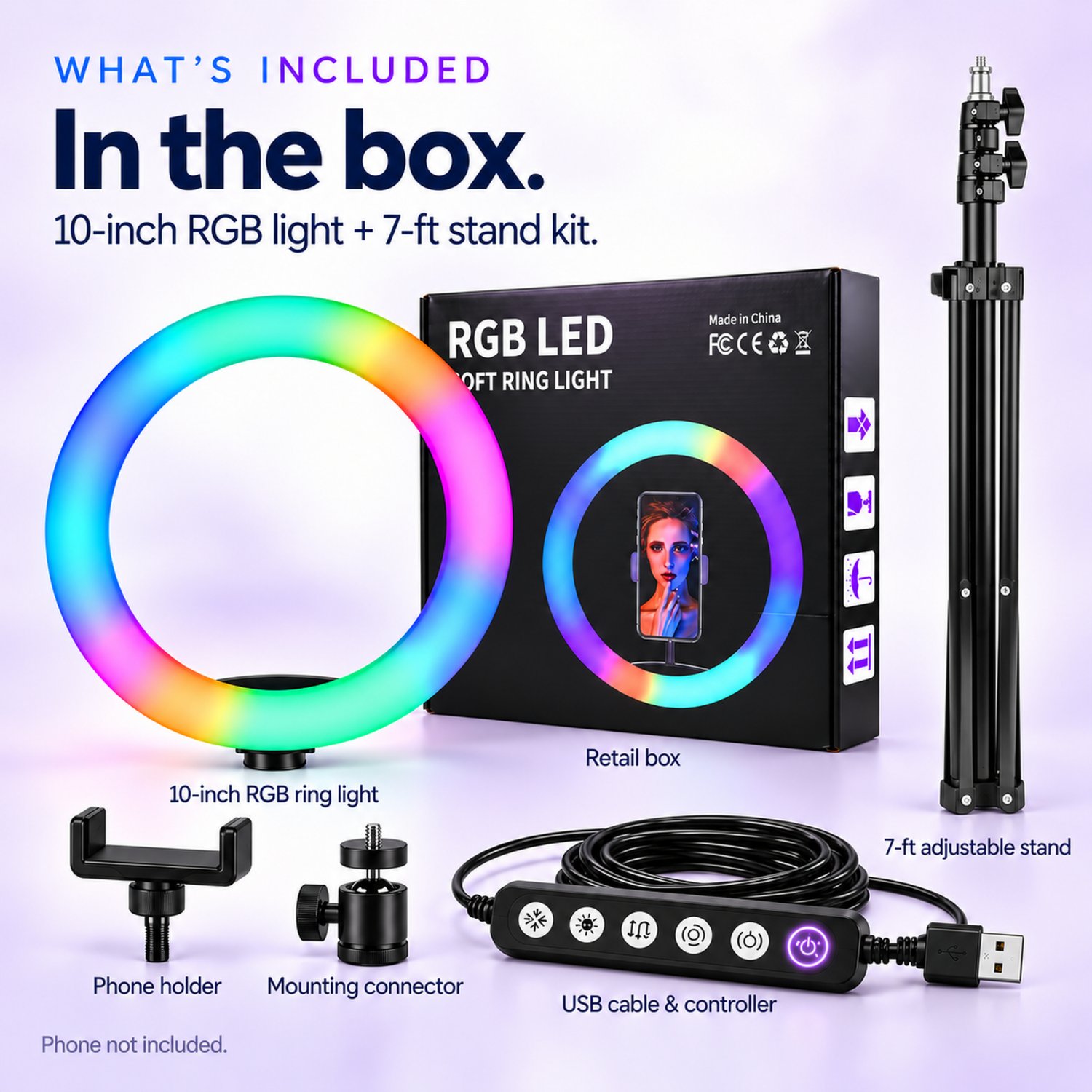 JIKRA 10 Inch RGB Ring Light with 7 Feet Stand & Phone Holder for – In the Box