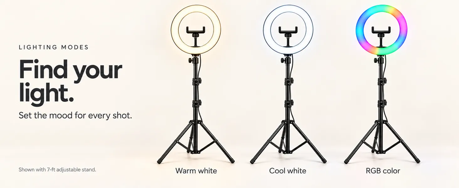 Ring light lighting modes: warm white, cool white and RGB colour