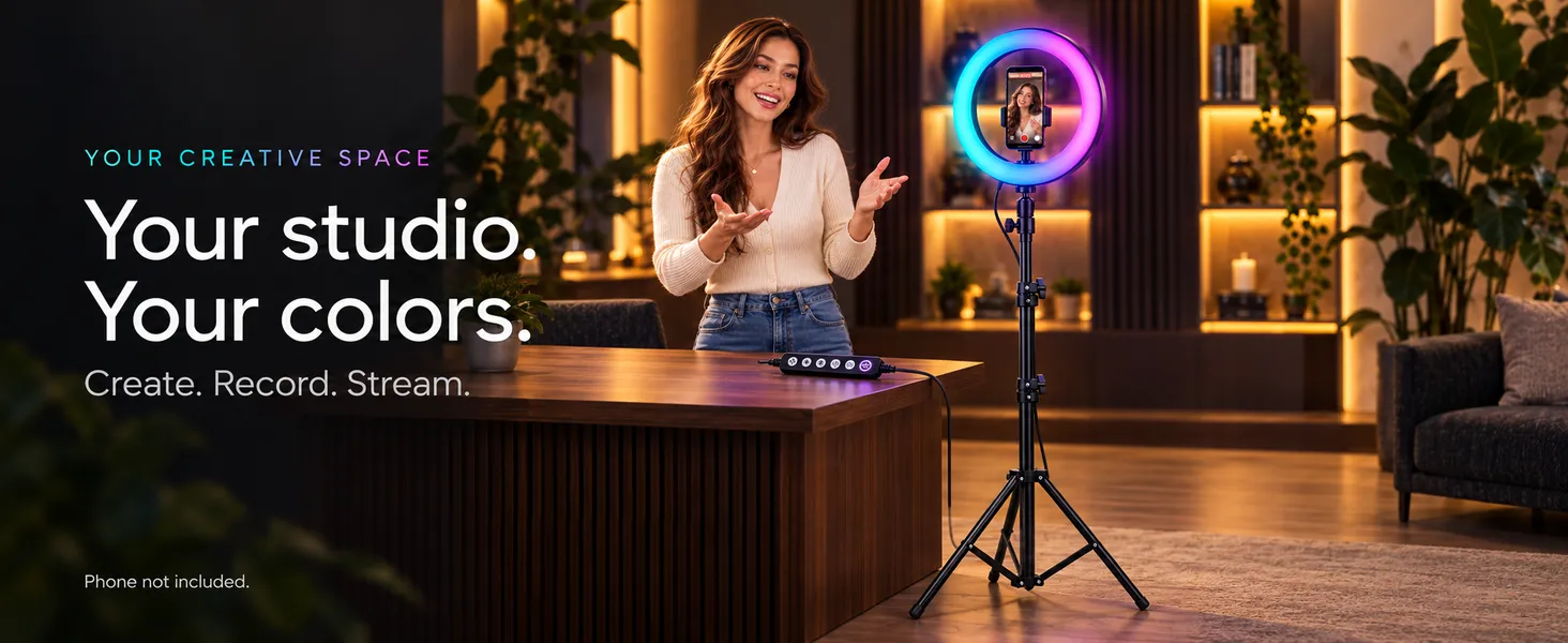 Selfie ring light with stand in a home studio for YouTube and live streaming