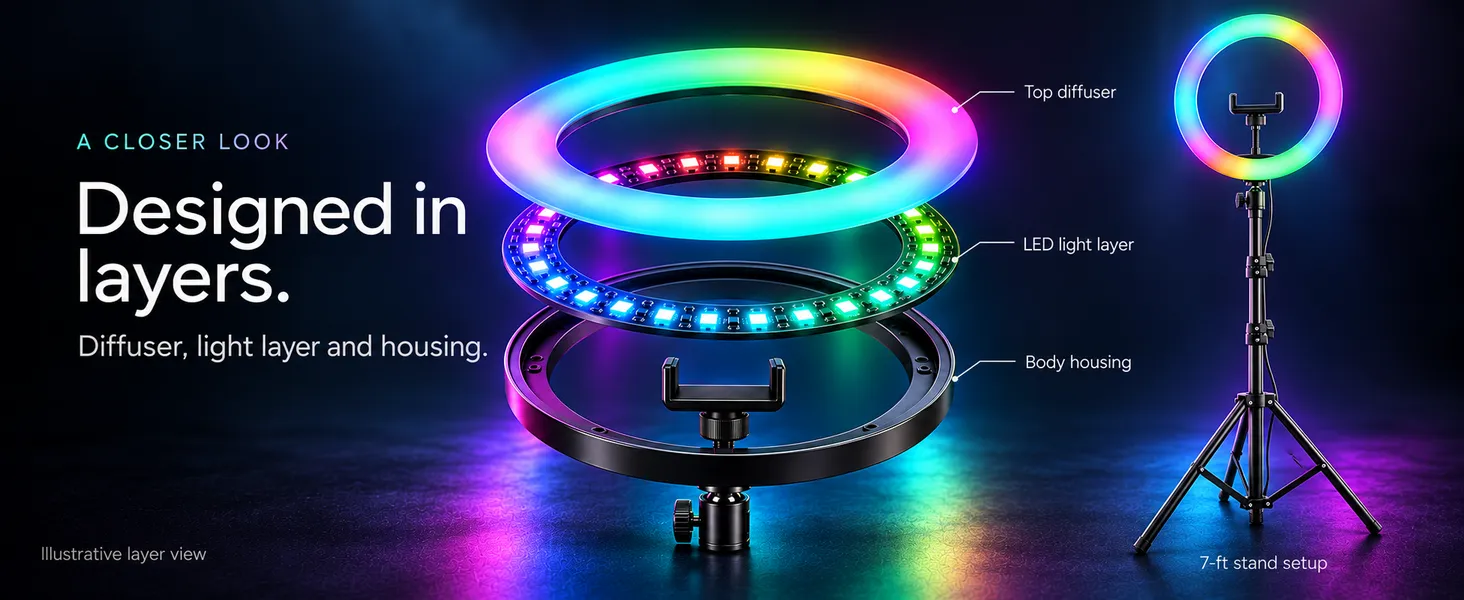 Layered design of the RGB LED ring light with 7 feet stand