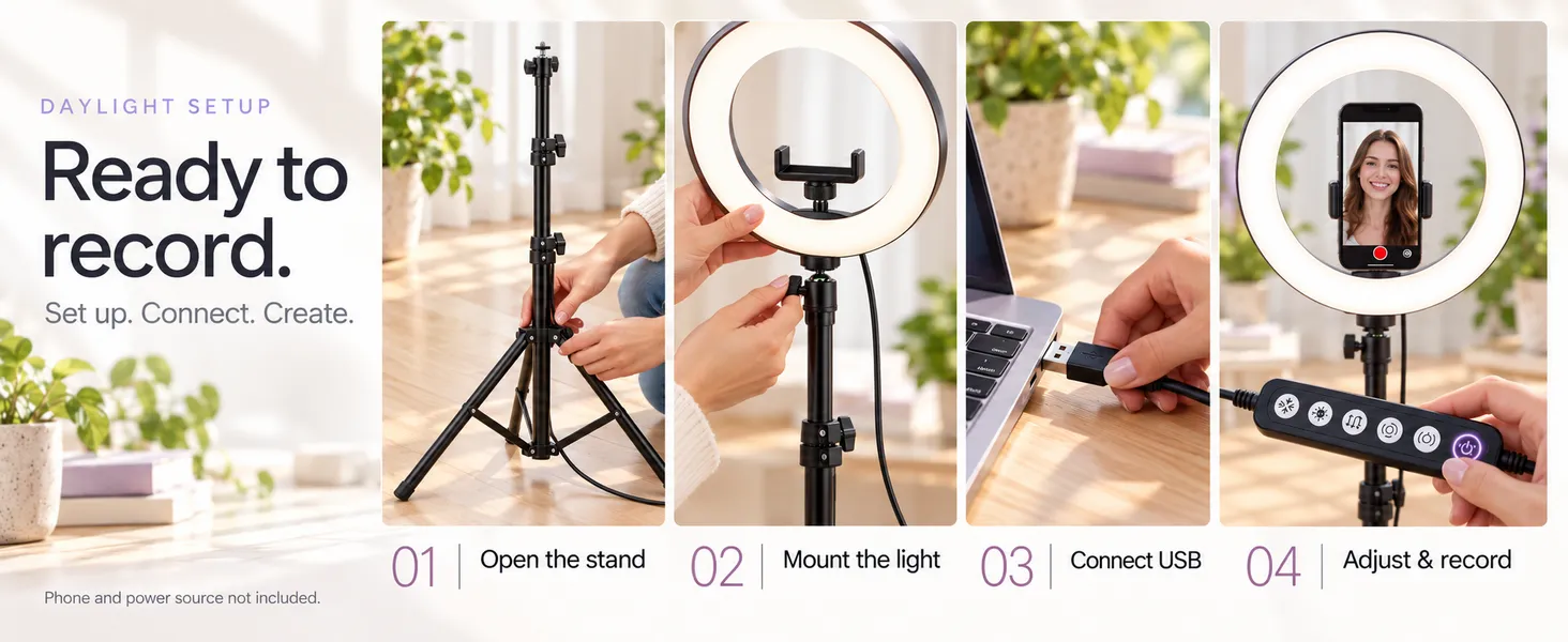Ring light with tripod stand setup steps: open, mount, connect, record