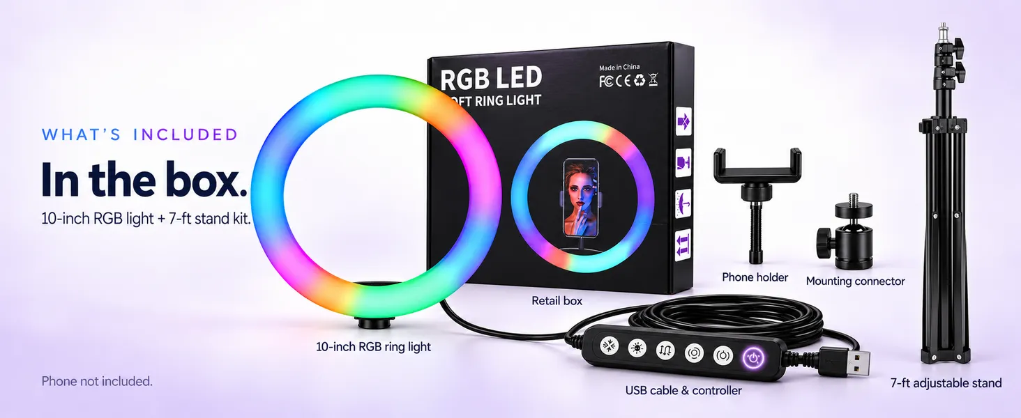 RGB ring light kit box contents with 7 feet adjustable stand