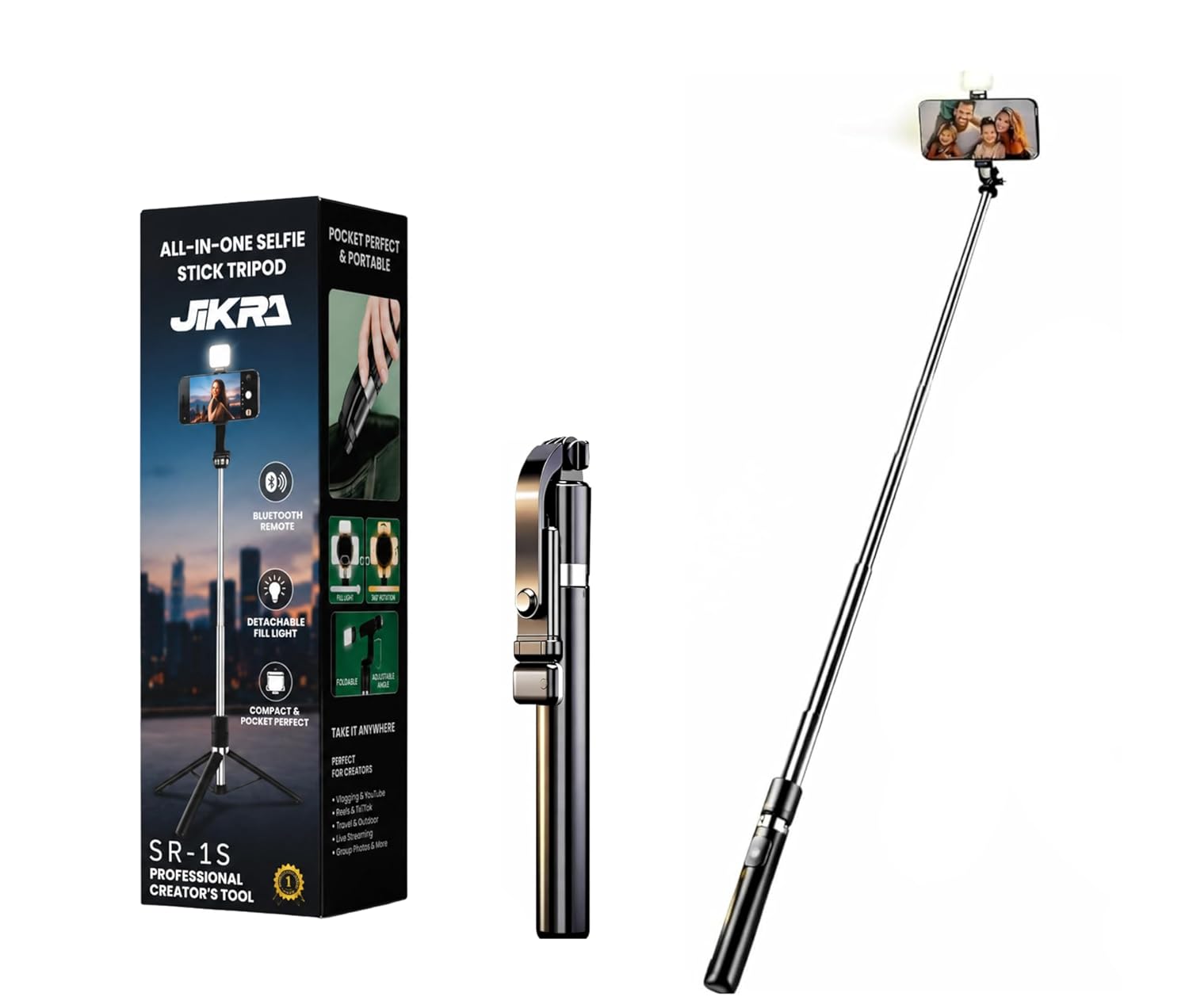JIKRA SR-1S Selfie Stick Tripod with Bluetooth Remote and Fill Light