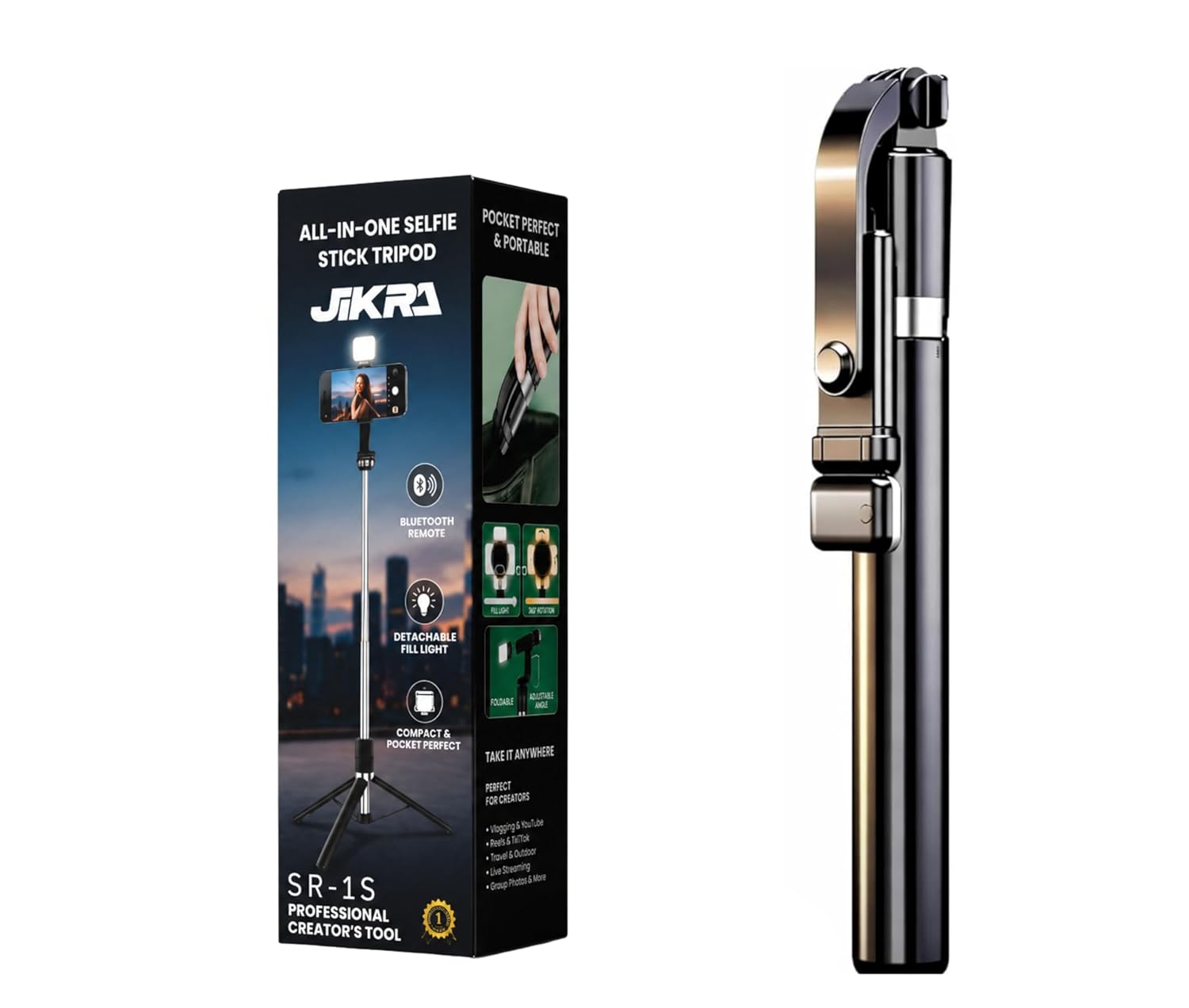 JIKRA SR-1S All-in-One Selfie Stick Tripod – 67cm with Bluetooth Remote & LED Fill Light