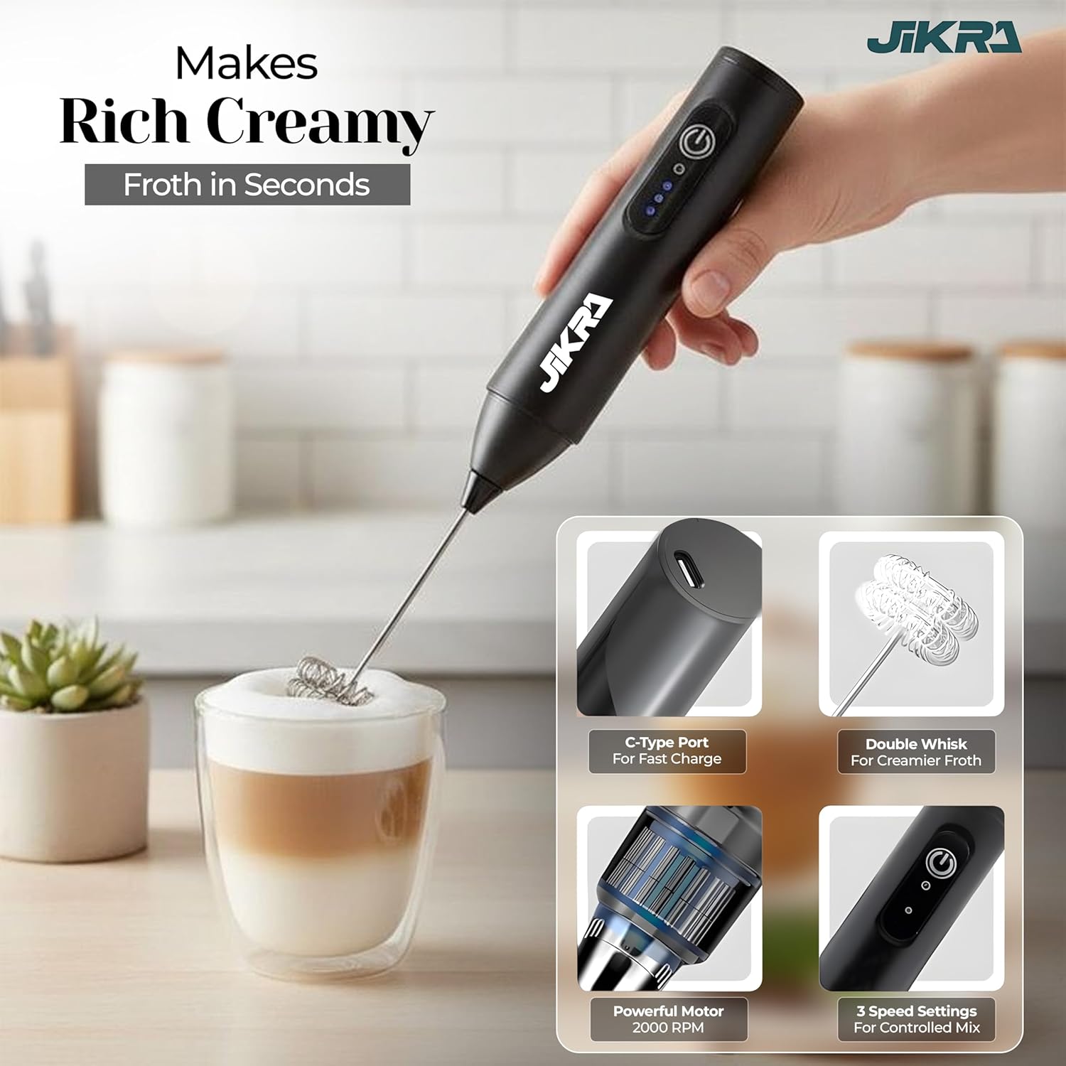 JIKRA Electric Coffee Beater & Milk Frother | USB Rechargeable, Stainless Steel Whisk - Image 5