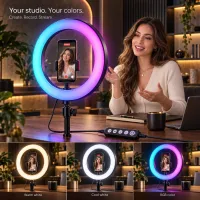 Creator recording reels with a selfie ring light in warm white, cool white and RGB colour