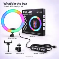 What's in the box: 10 inch RGB ring light, phone holder, stand connector, USB cable and controller