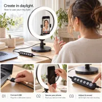 How to use the ring light: connect USB, secure your phone, adjust and record