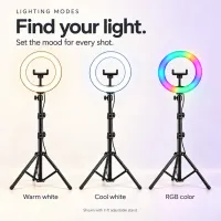 RGB ring light with stand in warm white, cool white and RGB colour modes