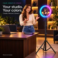 Creator recording YouTube videos and Instagram reels with a 10 inch RGB ring light and stand