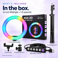 Box contents: 10 inch RGB ring light, phone holder, mounting connector, USB controller and 7 feet stand