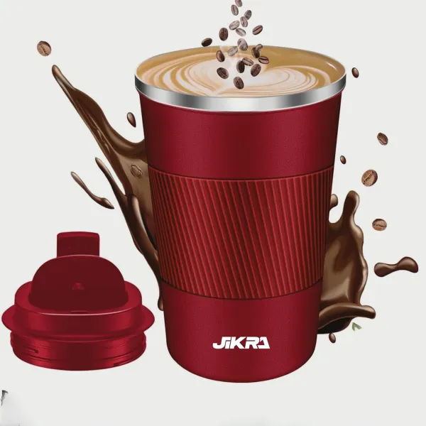 JIKRA Coffee Tumbler 380ml – Insulated Stainless Steel Travel Mug, Spill-Proof, Red